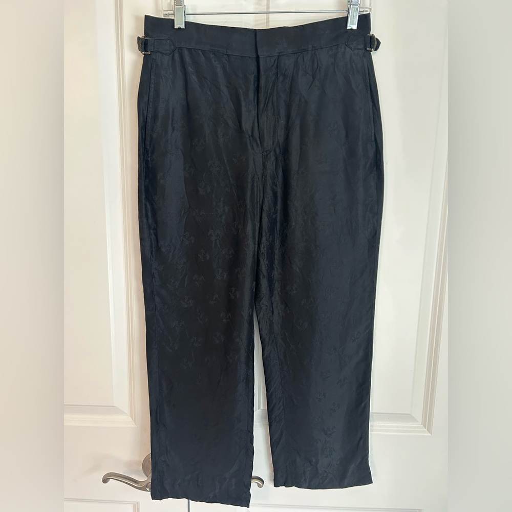 Billy Reid barrel leg black textured silk cropped pants with buckle detail